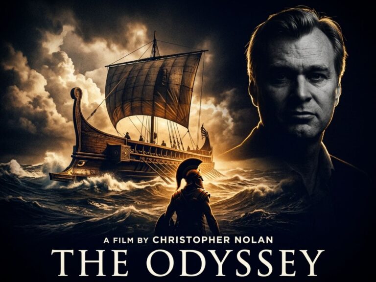 Odiseo sobre el barco en medio de una tormenta en la película La Odisea de Christopher Nolan